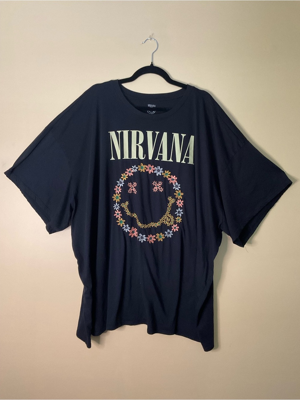 NIRVANA Black Tee with Multicolor Floral Smiley